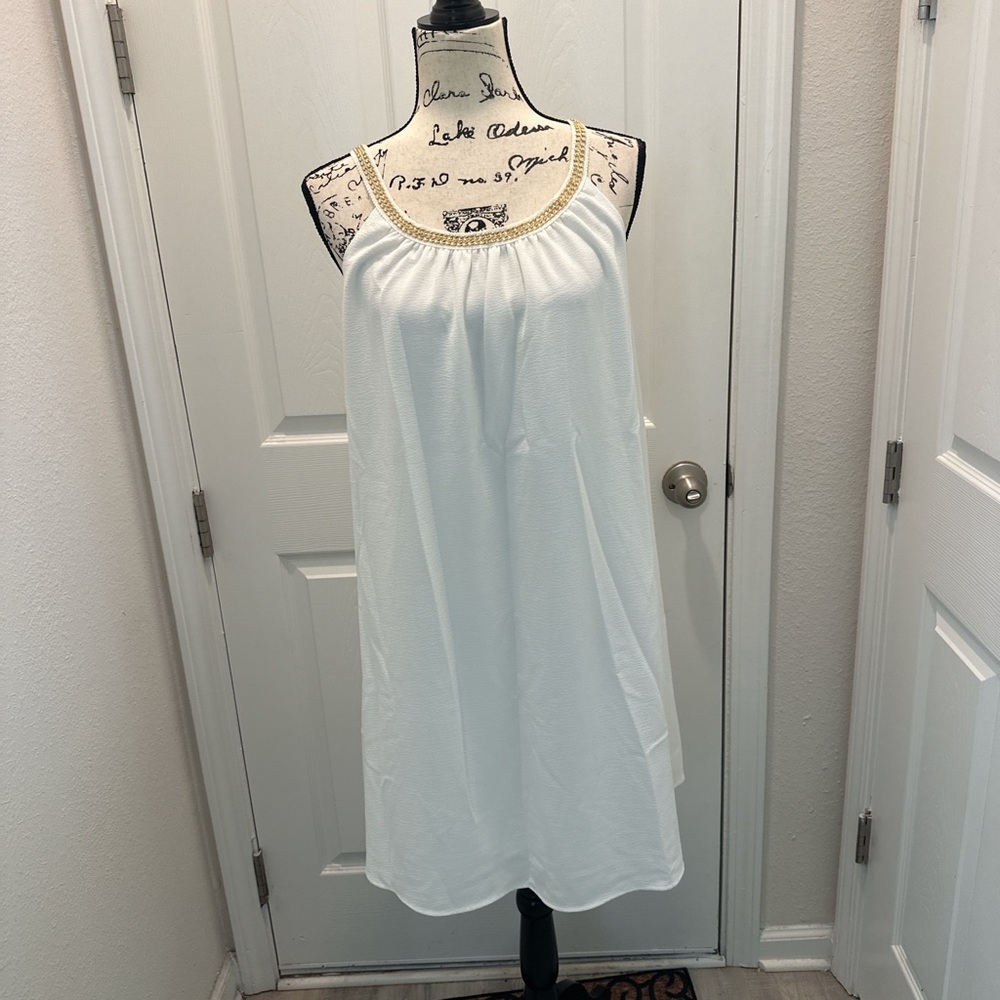 Nina Leonard Halter Dress with Gold Beaded Neckline